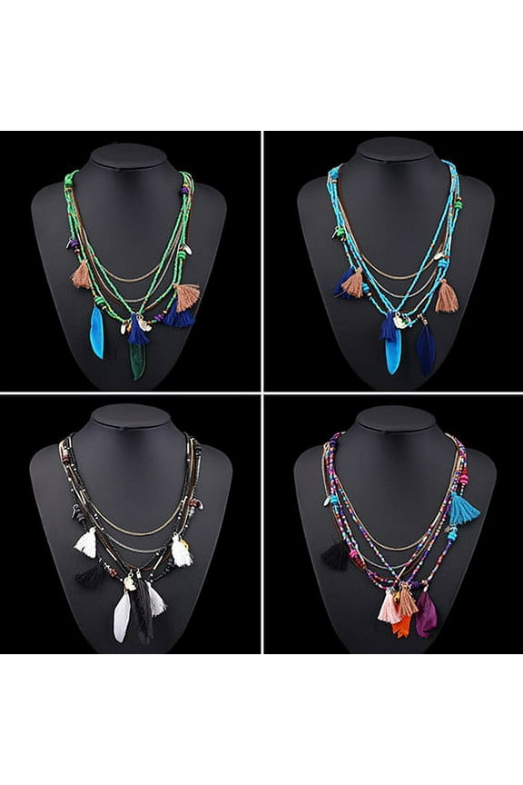 Women's Boho Ethnic Style Feathers Tassels Beads Multi-layer Chain Necklace