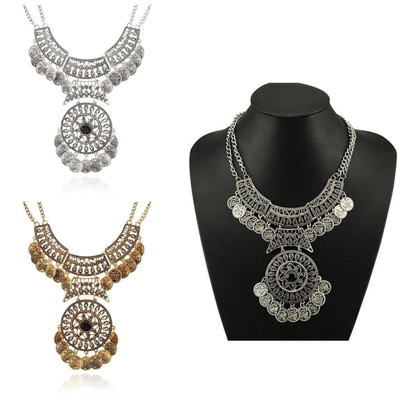 SmartBy Women's Boho Ethnic Vintage Double Chain Coin Flower Statement Necklace Jewelry