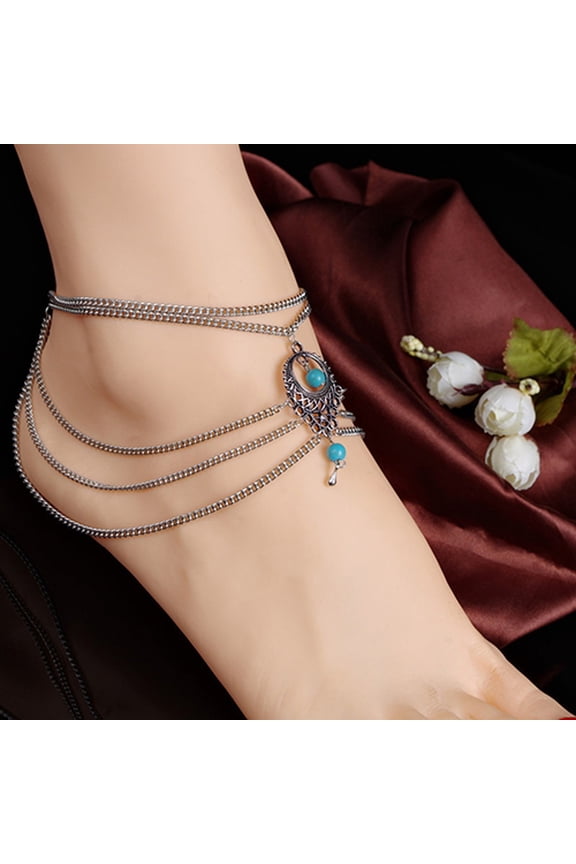 Women's Boho Turquoise Beads Anklet Tassels Chains Ankle Bracelet Foot Jewelry