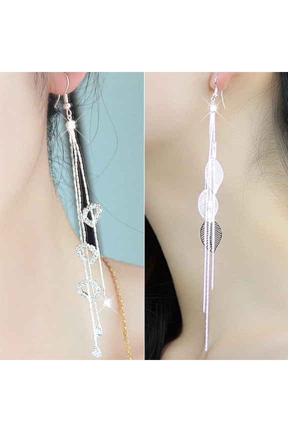 Women's Chic Leaf Heart Rhinestone Long Tassels Drop Dangle Linear Hook Earrings