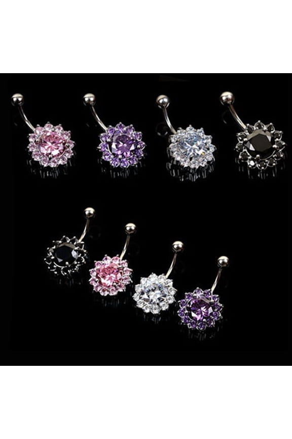 Women's Crystal Rhinestone Flower Navel Belly Button Ring Bar Body Piercing