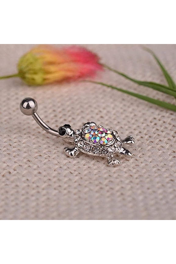 Women's Cute Turtle Rhinestone Dangle Body Piercing Navel Belly Button Bar Ring