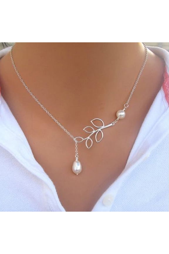 Women's Fashion Faux Pearl Hollow Leaves Branch Choker Short Bib Collar Necklace