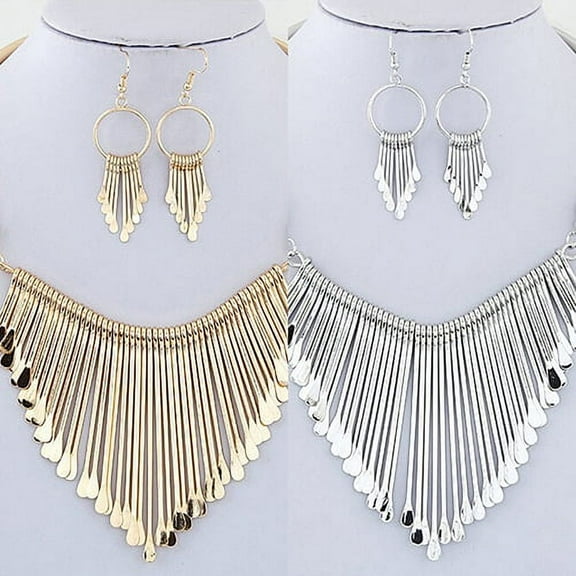 SmartBy Women's Fashion Luxury Tassel Pendant Choker Necklace Hook Earrings Jewelry Set