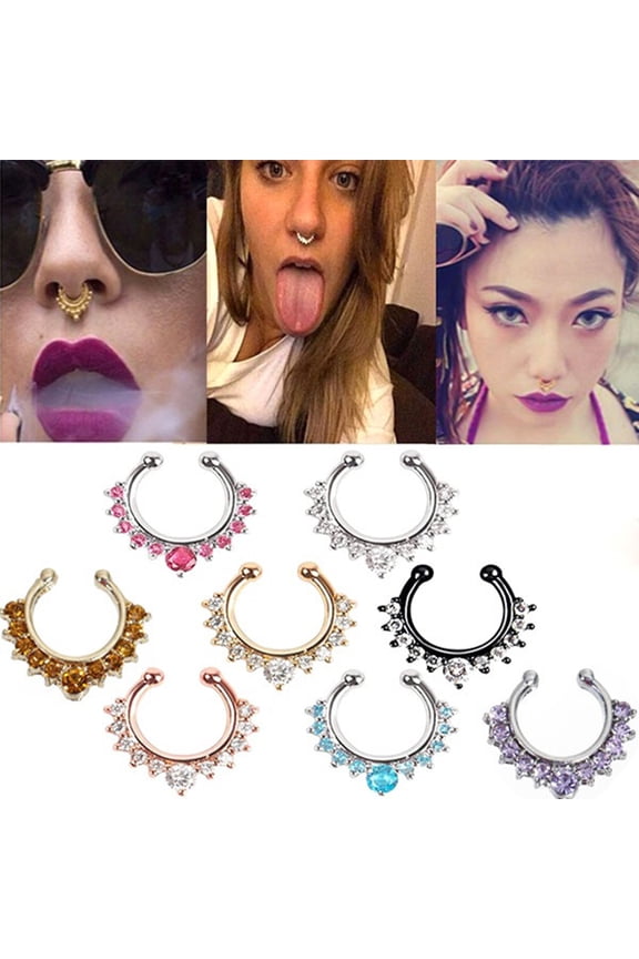 Women's Fashion Punk Rhinestone Inlaid U-shaped Fake Septum Clicker Nose Rings