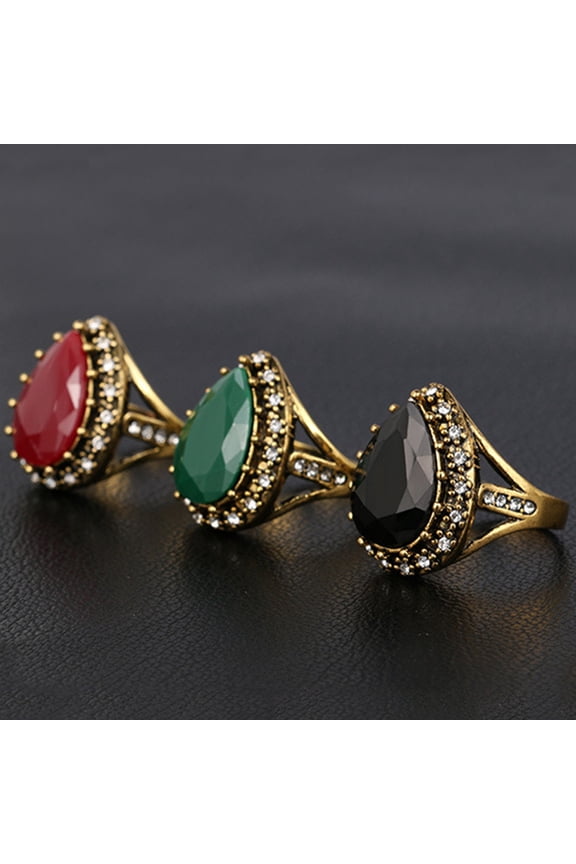 Women's Vintage Ethnic Inlaid Shiny Rhinestone Water Drop Shape Ring Jewelry