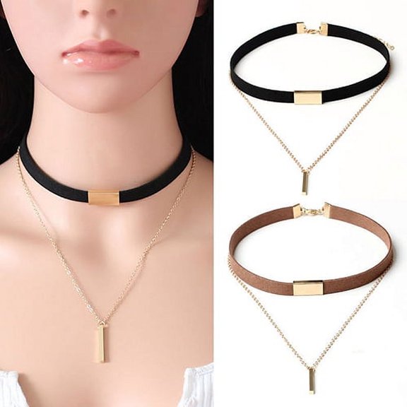 SmartBy Women\'s Vintage Gothic Punk Layered Bar Charm Chain Faux Suede Chocker Necklace