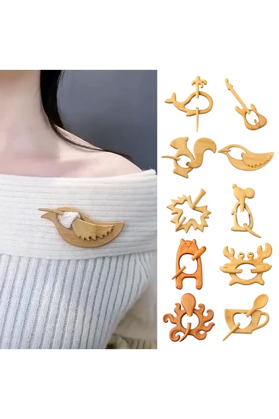 Wooden Animal Brooch Cute Dog Cat Sweater Pin Handcrafted Bird Rabbit Bear Turtle Scarf Brooch Pin for Sweaters Scarves Shawls