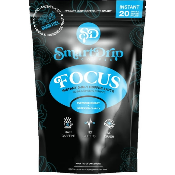 SmartDrip Coffee "Focus" Instant Latte with Brain Fuel; Reishi and Ginseng Extract, Naturally Caffeinated - Half-Caff Blend, Gluten Free, Non-GMO, 20ct - 1.49 per Serving, Free Shipping