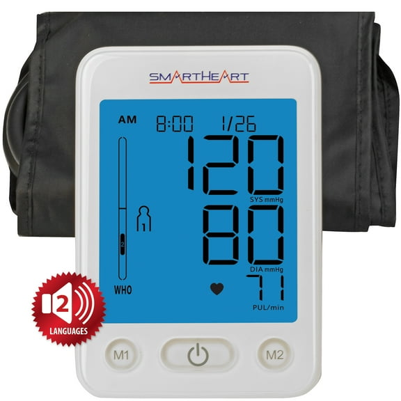 SmartHeart Blood Pressure Monitor | Wide-Range Upper Arm Cuff | Talking English Spanish Audible Instructions and Results | 2-Person Memory
