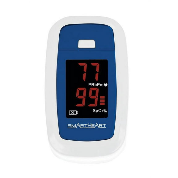 SmartHeart Pulse Oximeter | Blood Oxygen Saturation | Complete System Monitor Lanyard and Batteries, White/blue