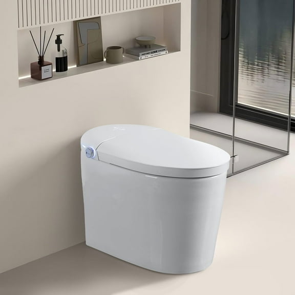SmartHome Tankless Smart Toilet With Bidet Built In, One-piece, Auto Flush, Auto Open/Close,Heated Seat, Bubble Wash,Warm Water and Dry, Adjustable Temp,Remote Control Side Know