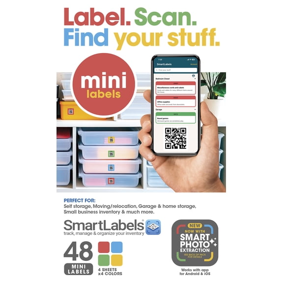 SmartLabels Small QR Code Stickers | Mini 1.5-Inch Labels with AI Photo Analysis App | Auto-Create Item Description | No Typing | US-Made | Storage, Inventory Tracking, Organization & Moving, 48-Pack