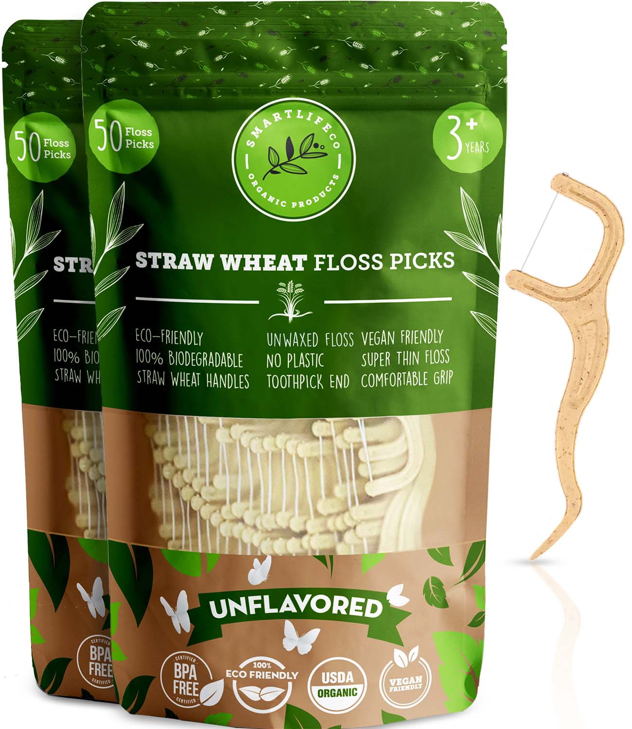 SmartLifEco Biodegradable Dental Floss Picks Natural Plastic Free