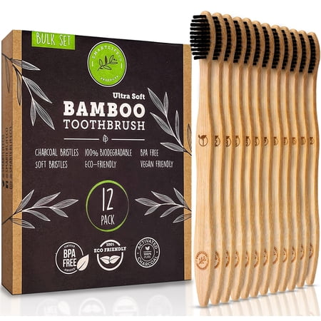 SmartLifEco Charcoal Bamboo Toothbrushes (12 Pack) - Extra Soft Natural Bristles For Adults & Kids Teeth | Zero Waste Biodegradable Bulk Wooden Tooth Brush Travel Kit | BPA Free Eco-Friendly Organic