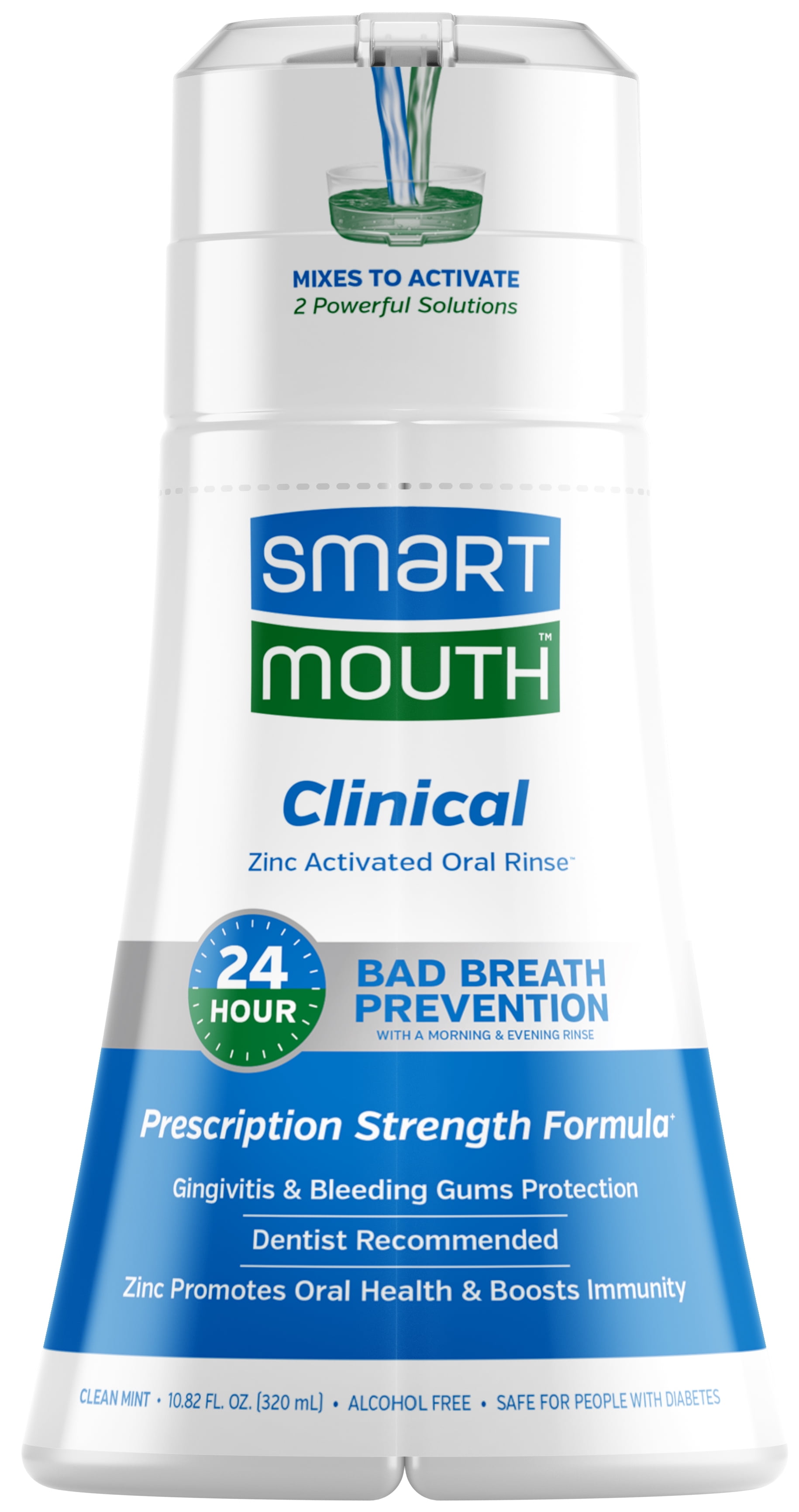SmartMouth Activated Dual Solution Oral Breath Rinse Mouthwash Clinical DDS Clean Mint 10.82 fl oz Adult