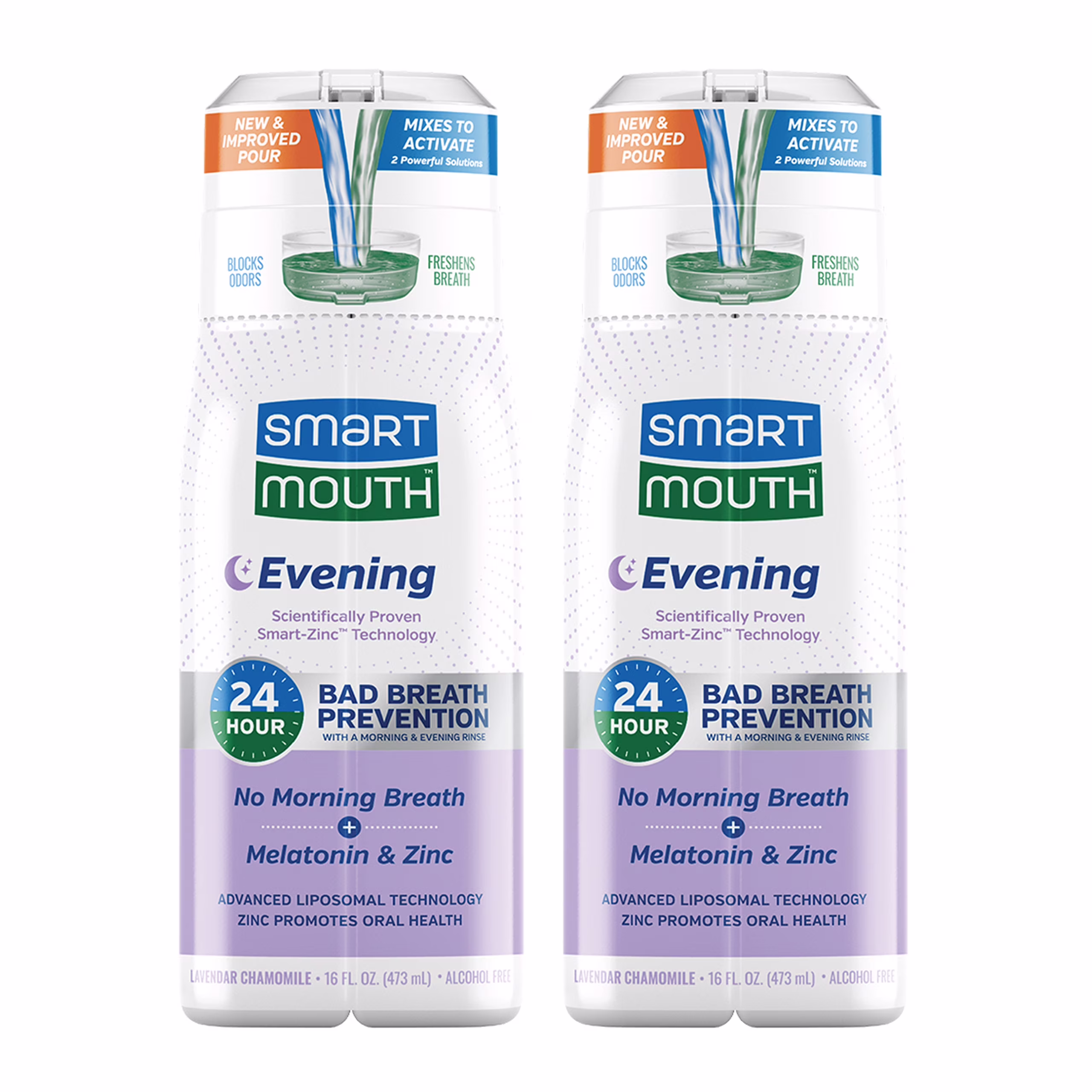 SmartMouth Advanced Liposomal Evening Mouthwash - No Morning Breath - Melatonin & Zinc - Dual-Solution Zinc-Activated Nighttime Mouthwash - Lavender & Chamomile - Alcohol Free - 16 fl oz, 2-Pack