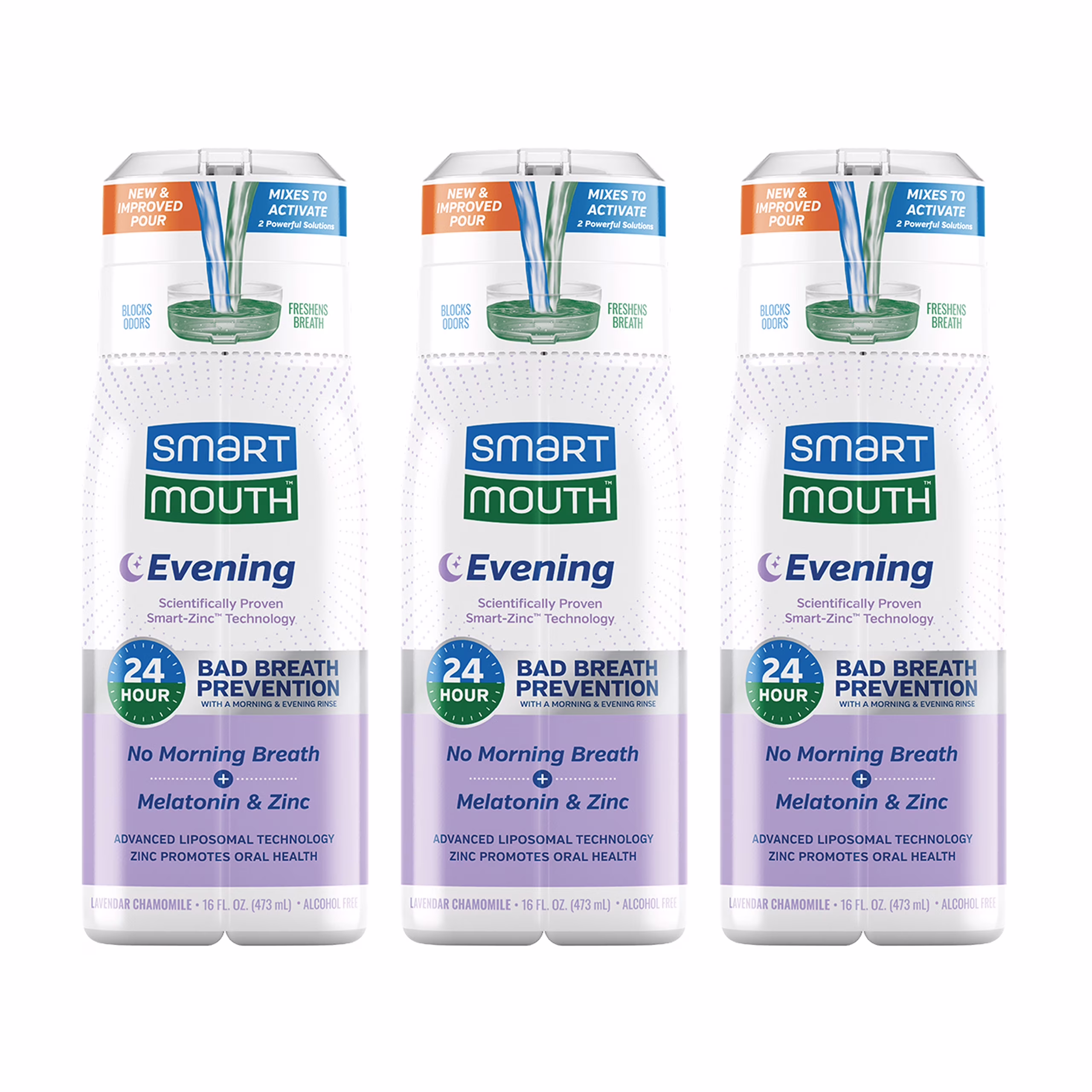 SmartMouth Advanced Liposomal Evening Mouthwash - No Morning Breath - Melatonin & Zinc - Dual-Solution Zinc-Activated Nighttime Mouthwash - Lavender & Chamomile - Alcohol Free - 16 fl oz, 3-Pack