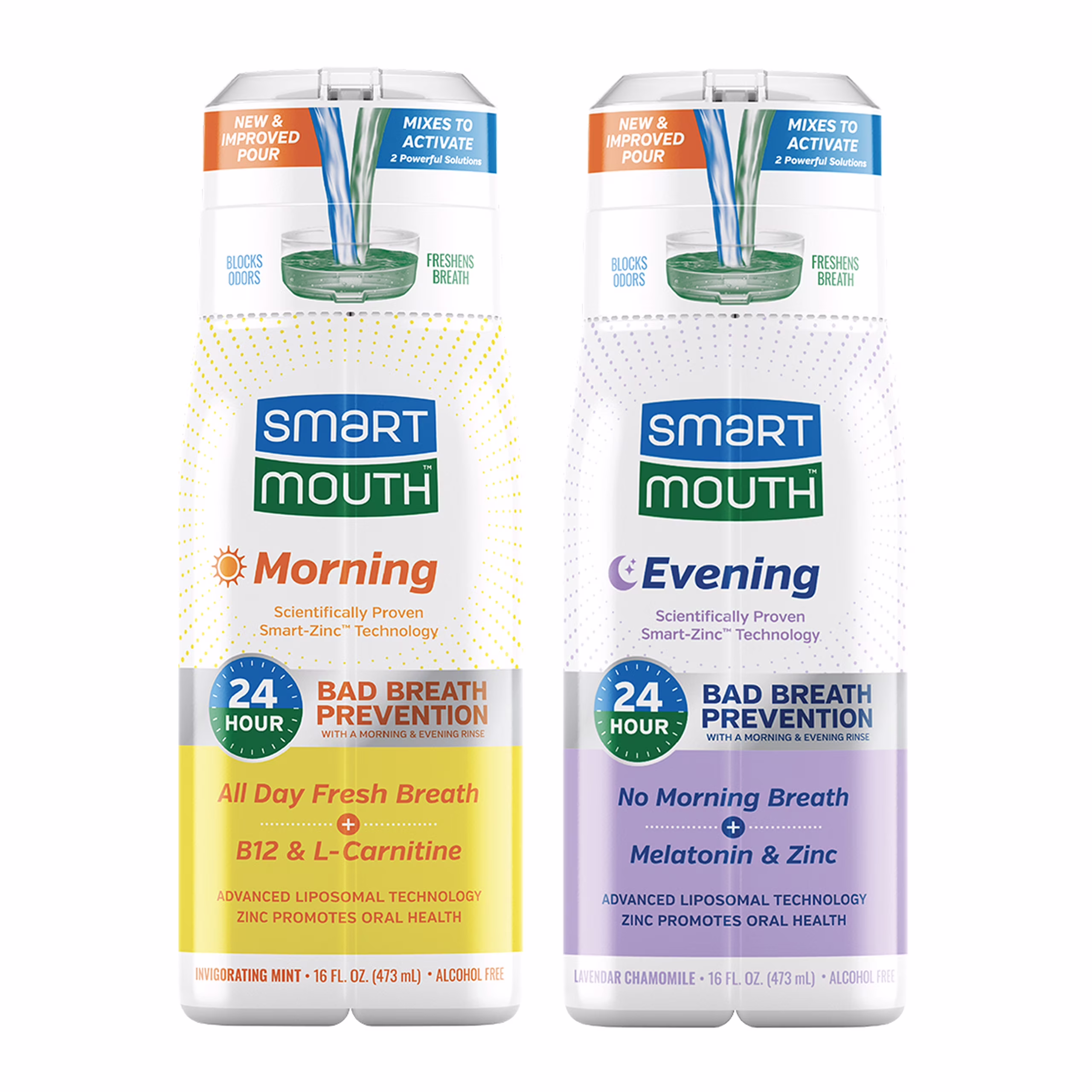 SmartMouth Advanced Liposomal Morning & Evening Mouthwash Bundle - No Morning Breath & All-Day Fresh Breath - Dual-Solution Zinc-Activated Mouthwash Duo - Alcohol Free - 16 fl oz Each