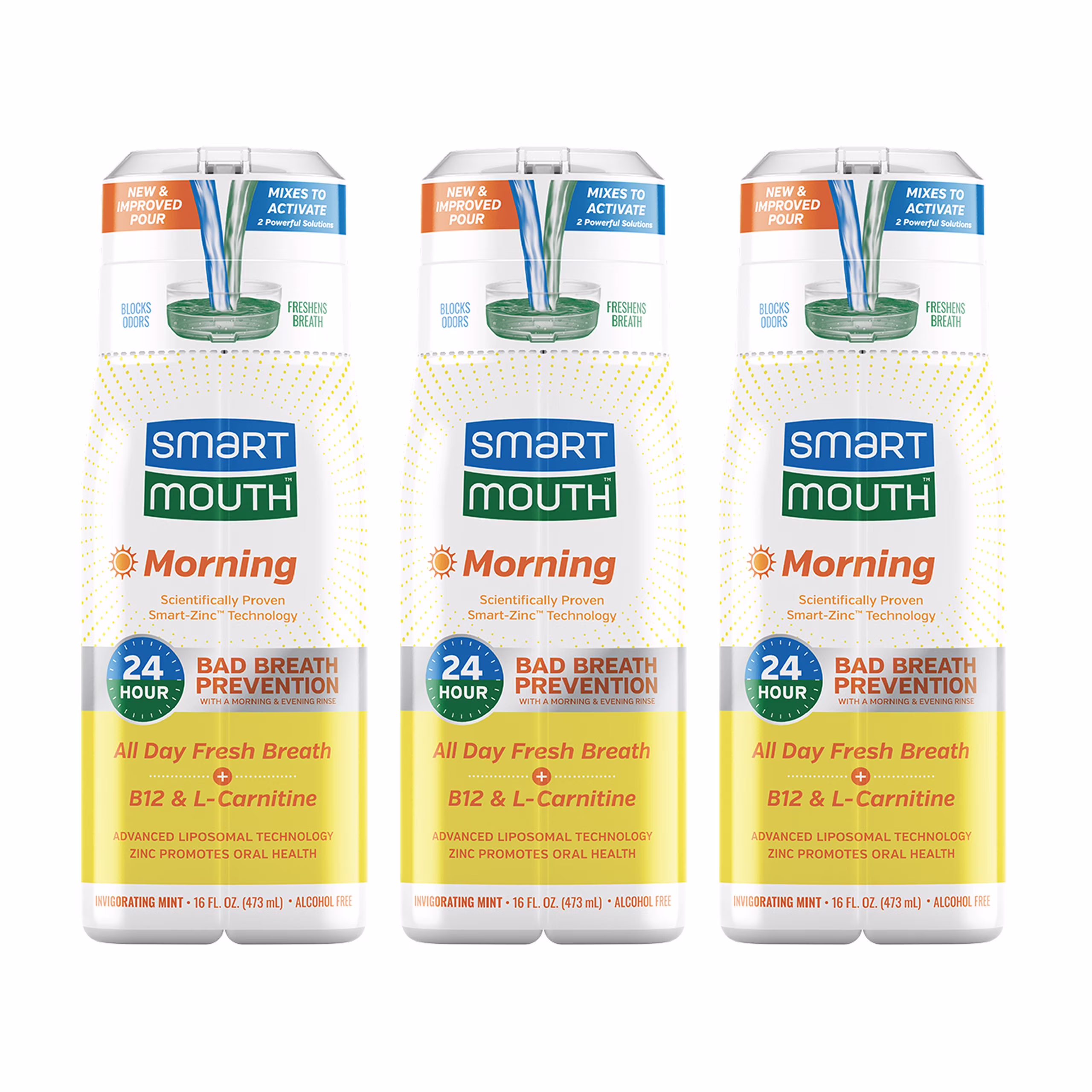 SmartMouth Advanced Liposomal Morning Mouthwash - All-Day Fresh Breath - Vitamin B12 & L-Carnitine - Dual-Solution Zinc-Activated Morning Mouthwash - Invigorating Mint Flavor - 16 fl oz Each, 3-Pack
