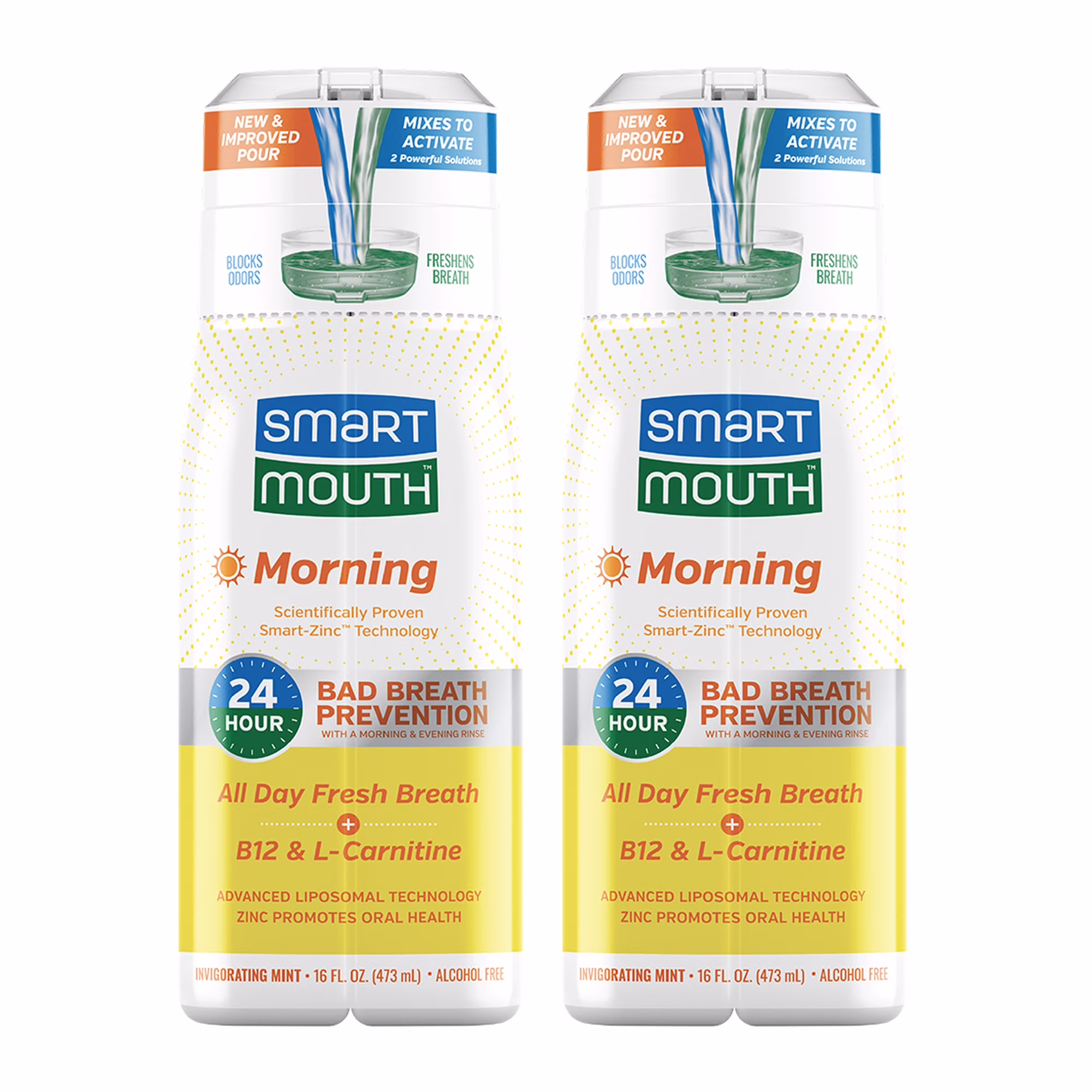 SmartMouth Advanced Liposomal Morning Mouthwash - All-Day Fresh Breath - Vitamin B12 & L-Carnitine - Dual-Solution Zinc-Activated Morning Mouthwash - Invigorating Mint Flavor - 16 fl oz Each, 2-Pack