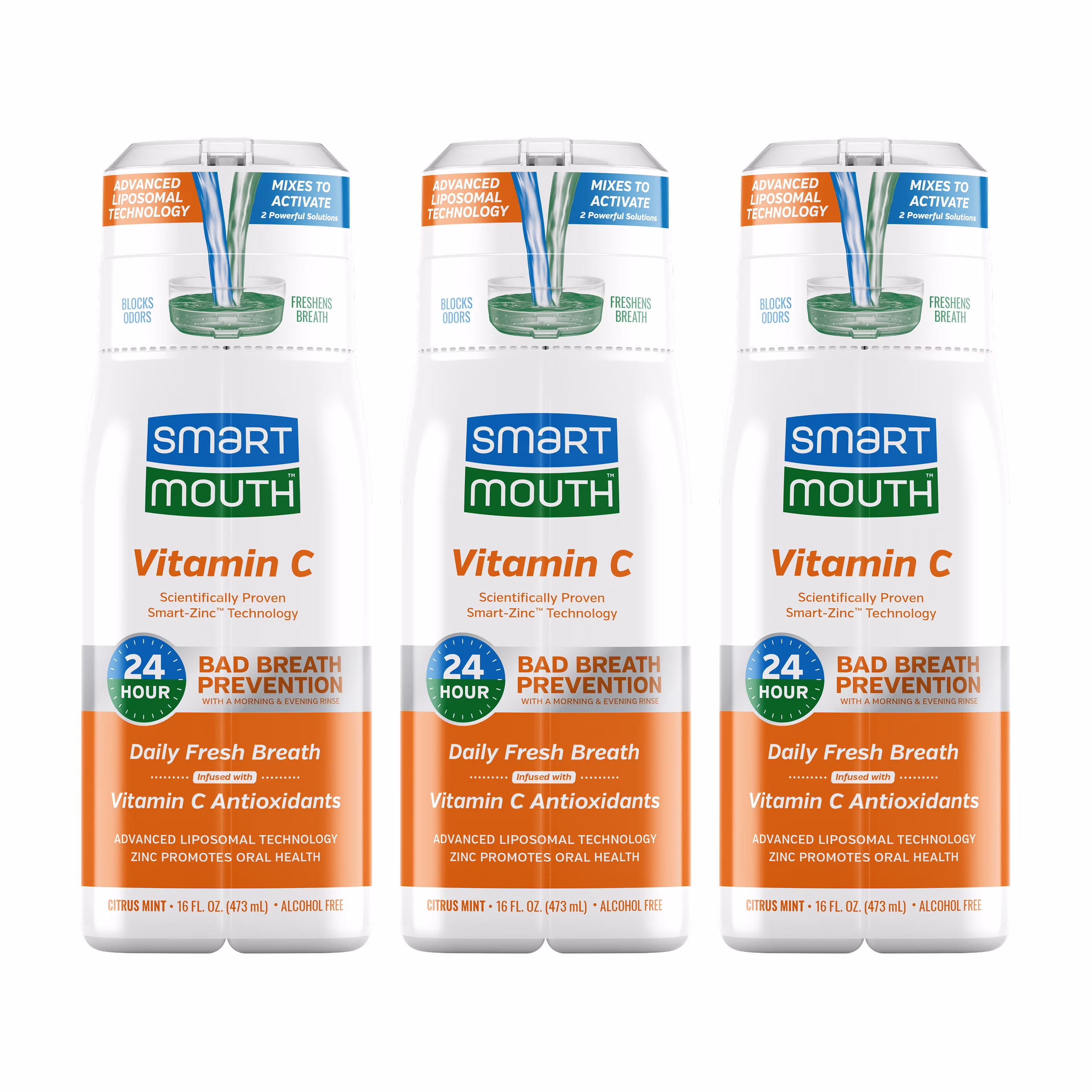 SmartMouth Advanced Liposomal Vitamin C Mouthwash - Vitamin C Antioxidants - Dual-Solution Zinc-Activated Mouthwash - Supports Oral Health - Citrus Mint Flavor - Alcohol Free - 16 fl oz Each, 3-Pack