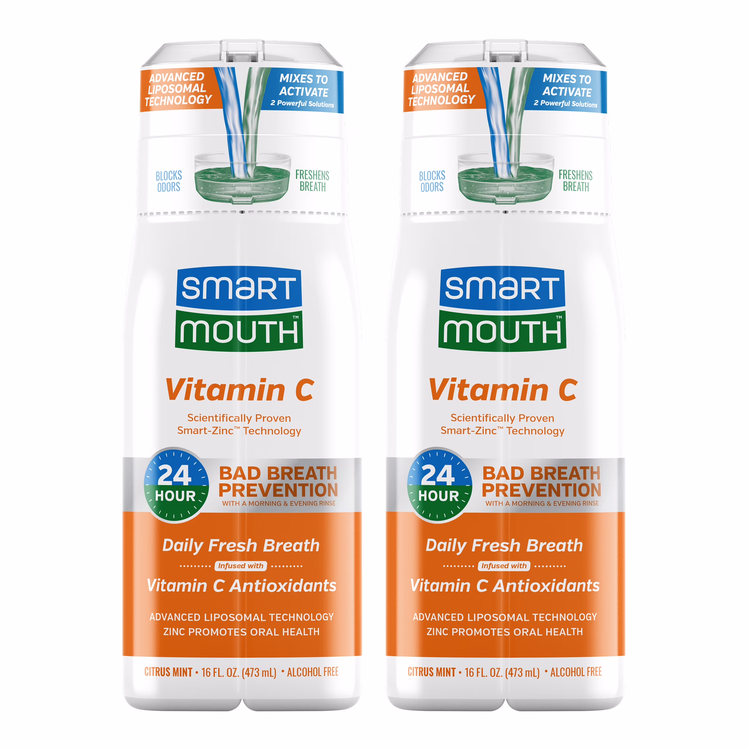 SmartMouth Advanced Liposomal Vitamin C Mouthwash - Vitamin C Antioxidants - Dual-Solution Zinc-Activated Mouthwash - Supports Oral Health - Citrus Mint Flavor - Alcohol Free - 16 fl oz Each, 2-Pack