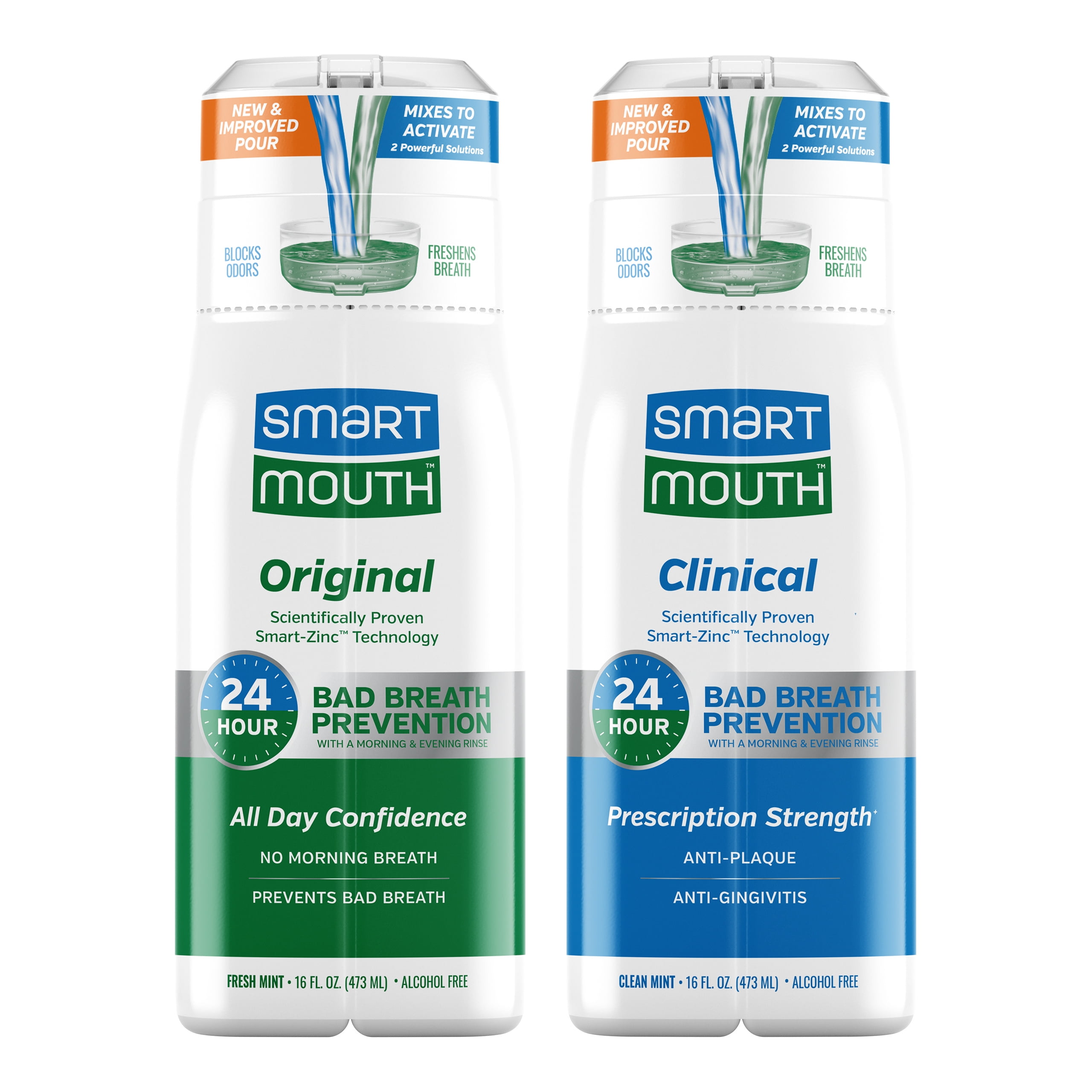 SmartMouth DDS Activated Clinical Mouthwash & Original Activated Mouthwash - Clean Mint Flavor (Clinical) & Fresh Mint Flavor (Original), 16 fl oz Each