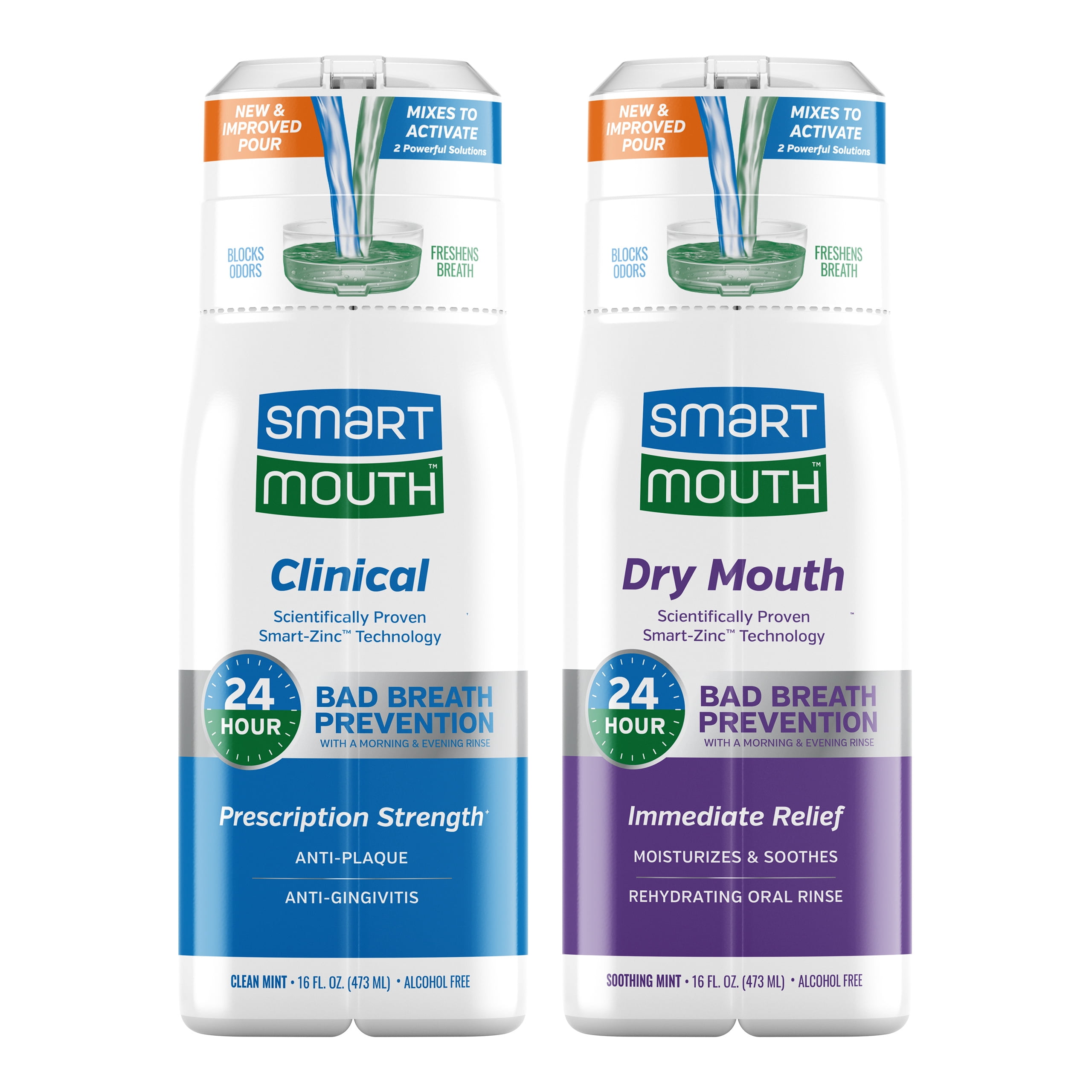 SmartMouth Dry Mouth & Clinical Activated Mouthwash - Dry Mouth Relief & Gum Protection - Bad Breath Prevention Mouthwash, 16 fl oz Each