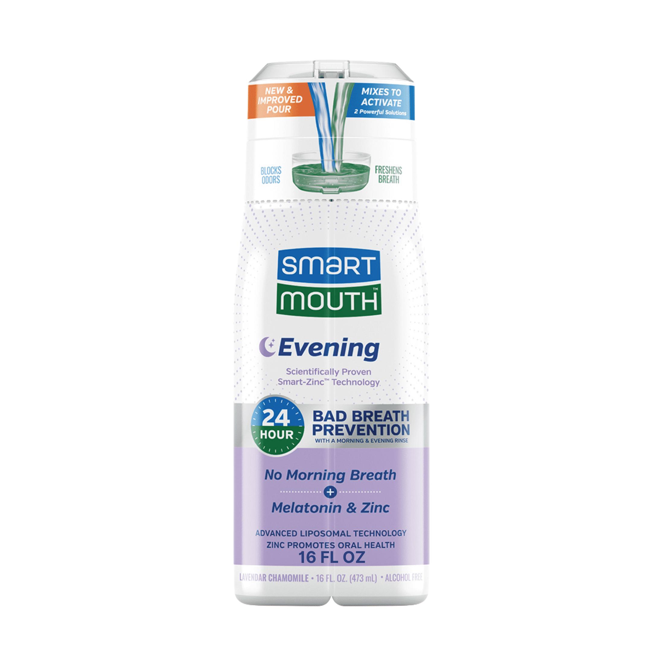 SmartMouth Advanced Liposomal Evening Mouthwash, Zinc Activated Dual-Solution, No Morning Breath, Lavender & Chamomile Flavor, Adult, 16 fl oz