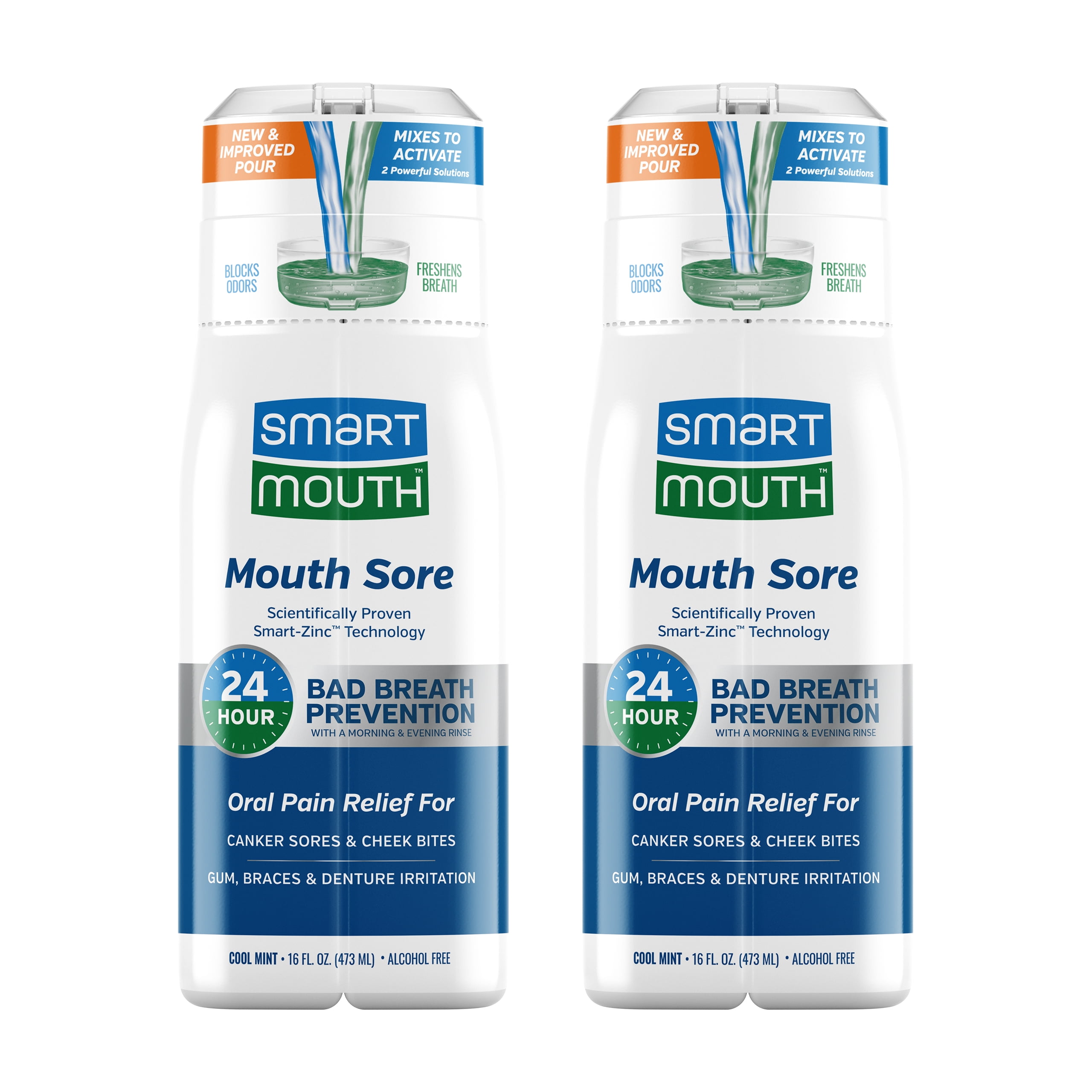 SmartMouth Mouth Sore Activated Mouthwash - Aid Against Canker Sores & Irritation - Breath Freshener - 16 Fl Oz, 2 Pack, Cool Mint