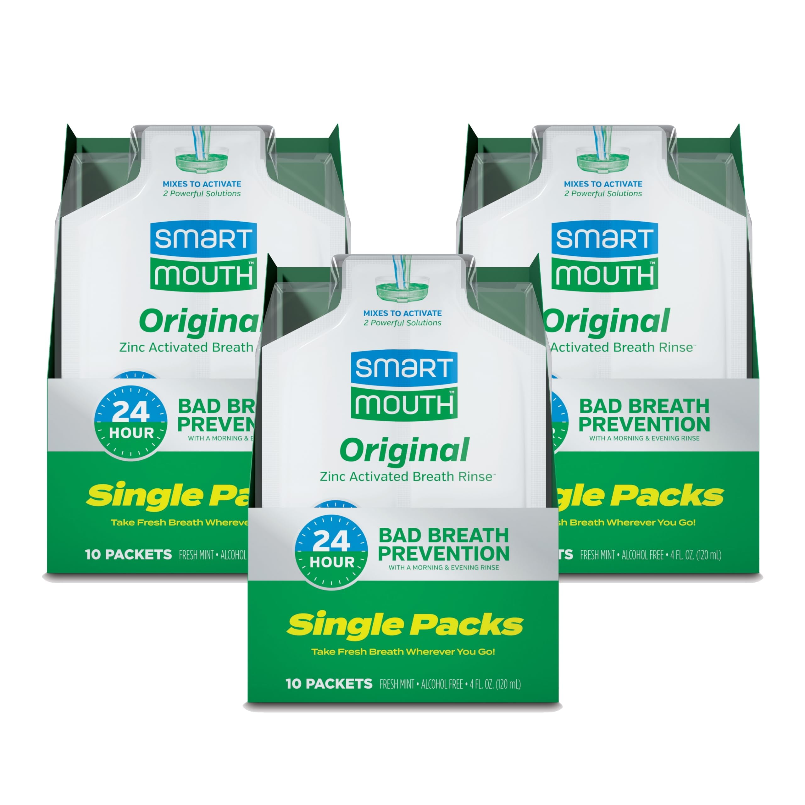 SmartMouth Mouthwash Travel Packets for 24 Hours of Fresh Breath Guaranteed, 3 Boxes, 10 packs each