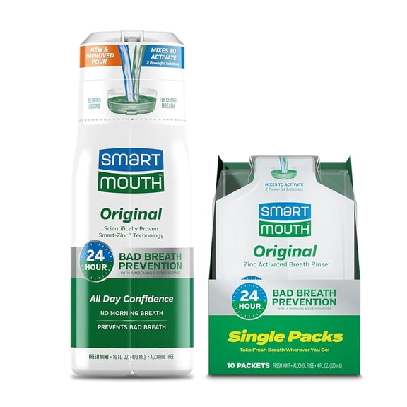 SmartMouth Original Activated Mouthwash + Single Packs, Fresh Mint, 1 Bottle (16 fl oz) + 10 Travel Packets