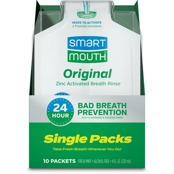 SmartMouth Original Activated Zinc Activated Breathe Rinse, 10 Single Packs, Fresh Mint, 4 fl oz, Adult