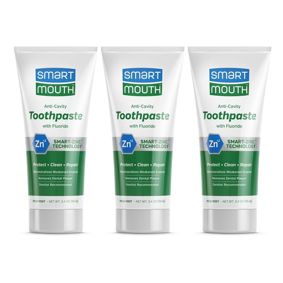 SmartMouth Premium Zinc Ion Toothpaste, Cavity, Enamel, and Plaque Help, Mild Mint, 3.4 oz, 3 Pack