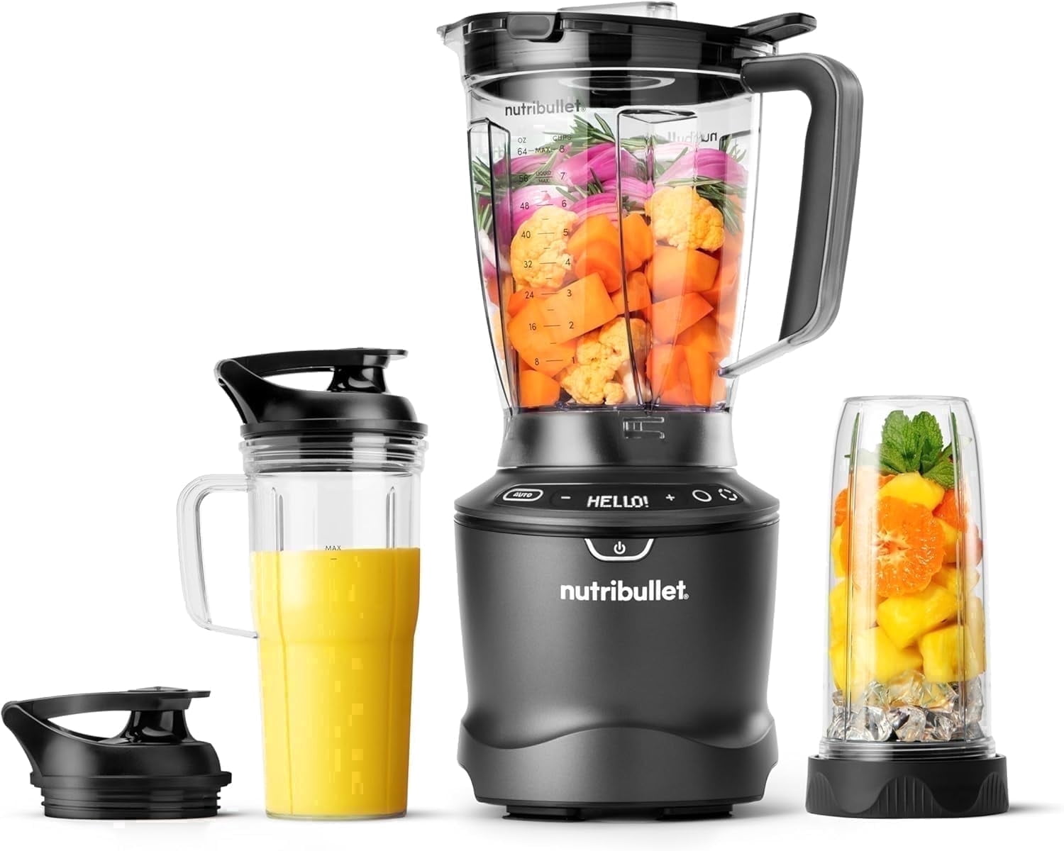 SmartSense Blender Combo, 1400W, 64oz Pitcher, 32oz & 24oz Cups, 5-Speed, Smoothies, Ice and Frozen Fruit, Nut Milk, Soup, Gunmetal Gray, NBF50700