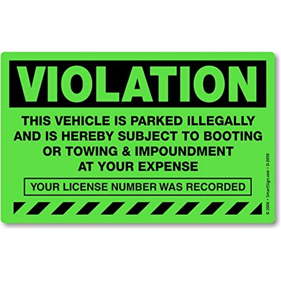 SmartSign Parking Violation Stickers, Pack 50 Labels with Permanent Adhesive, 5" x 8" Paper, Vehicle Illegally Parked Subject to Impoundment Sticker Tickets, Fluorescent Green, USA-Made