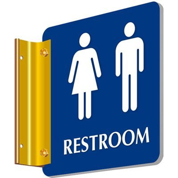SmartSign Unisex "Restroom" Two-Sided PREMIUM Projecting Sign with Brass Gold Finish Bracket, 6 x 6 inch, 1/16 inch thick Plastic with 3D Appliqu Print, Blue/White$$Other