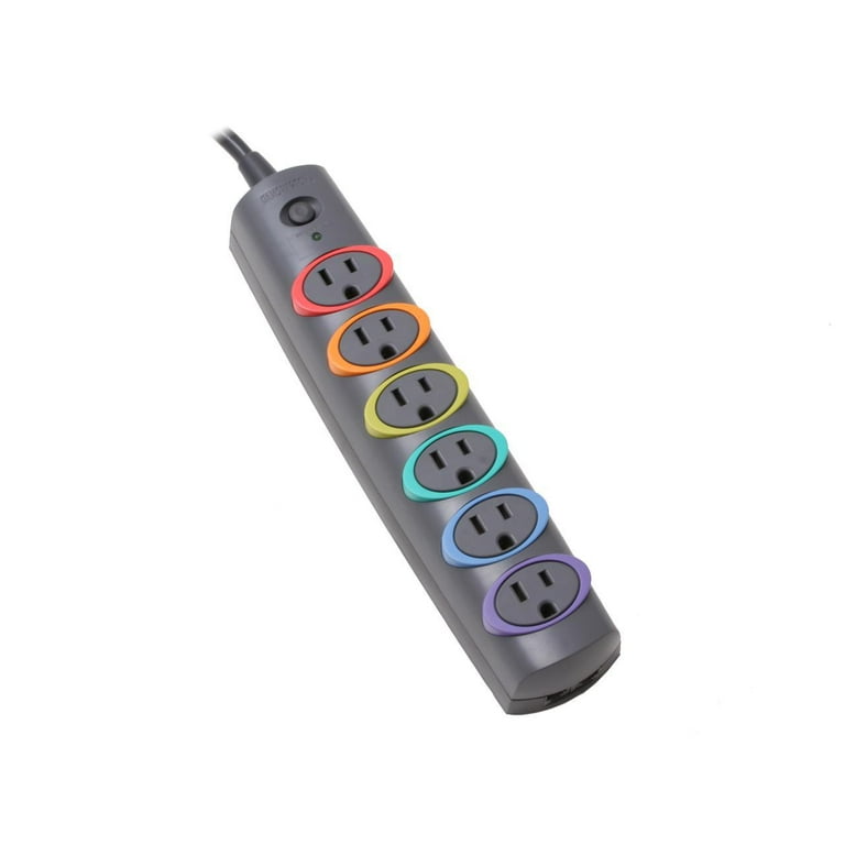 SmartSockets Color-Coded Strip Surge Protector, 6 AC Outlets, 6 ft Cord, 670 J, Black