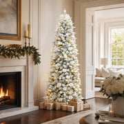 SmartSpace 7.5 ft Prelit Pencil Christmas Tree with 200 Warm White LEDs | 1,055 Mixed PE and PVC Tips with Pine Needle, Hinged Design and Sturdy Metal Stand