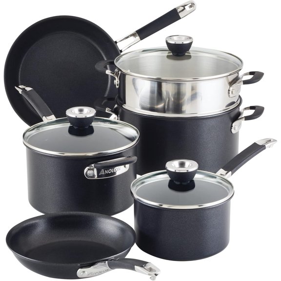 SmartStack Hard Anodized Nonstick Induction Nesting Cookware/Pots and Pans Set, Dishwasher Safe, 9 Piece - Black