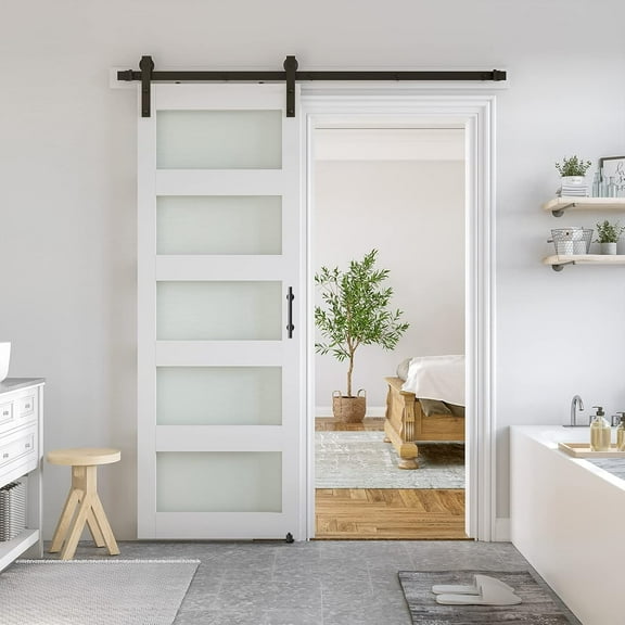 SmartStandard 32 x 96 in Glass Barn Door with 6FT Sliding Hardware Kit & Handle, Pre-Drilled Ready to Assemble, Waterproof PVC Coating, White, 5-Panel Glass