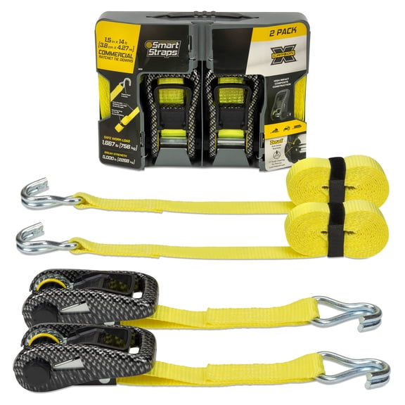 SmartStraps CarbonX Commercial Ratchet Tie Down Straps, 1-1/2" x 14 ft, 1,667 lb Safe Work Load, 5,000 lb Break Strength, Yellow, 2-Pack