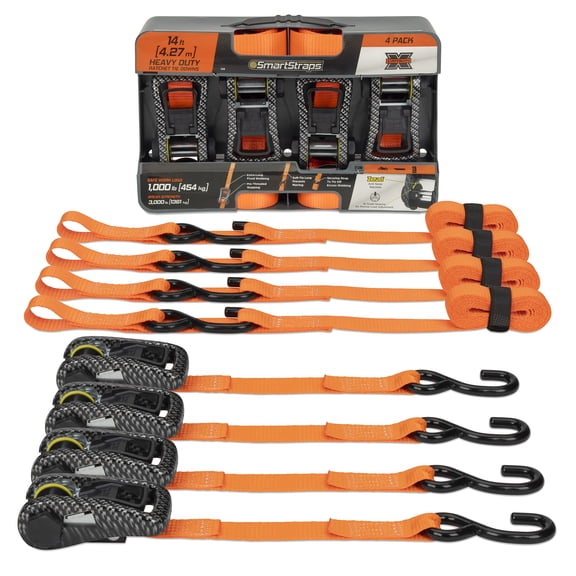 SmartStraps CarbonX Heavy Duty Ratchet Tie Down Straps, 1" x 14 ft, 1,000 lb Safe Work Load, 3,000 lb Break Strength, Green, 4-Pack