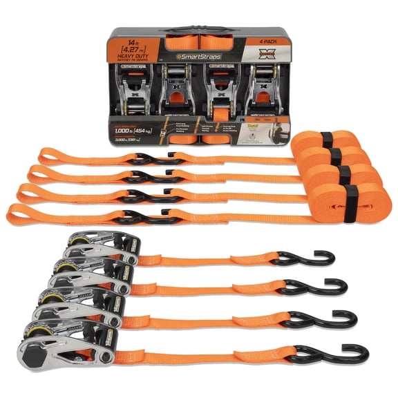 SmartStraps RatchetX Heavy Duty Ratchet Tie Down Straps, 1-1/4" x 14 ft, 1,000 lb Safe Work Load, 3,000 lb Break Strength, Padded Handle, Orange, 4-Pack