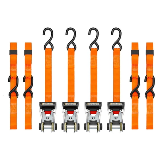 SmartStraps RatchetX Heavy Duty Ratchet Tie Down Straps, 1-1/4" x 14 ft, 1,000 lb Safe Work Load, 3,000 lb Break Strength, Padded Handle, Orange, 4-Pack