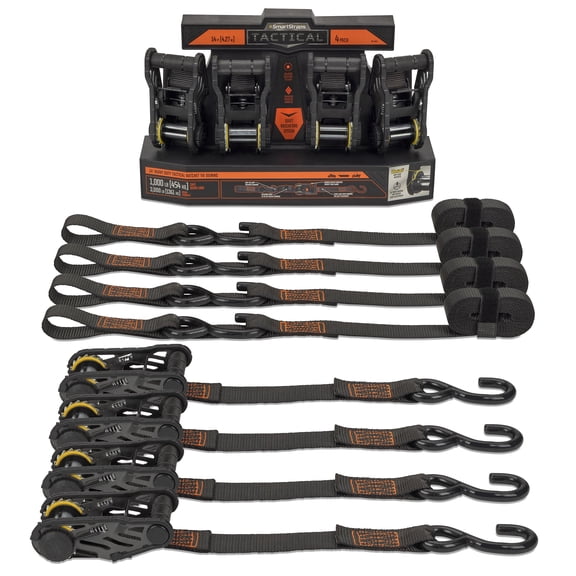 SmartStraps Tactical Heavy Duty Ratchet Tie Down Straps, 1-1/4" x 14 ft, 1,000 lb Safe Work Load, 3,000 lb Break Strength, Orange, 4-Pack
