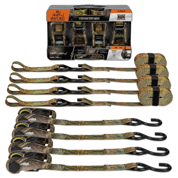 SmartStraps RatchetX 1.25" x 14ft Commercial Tie Down Strap, Camo, 4 Pack - 1,000lb SWL