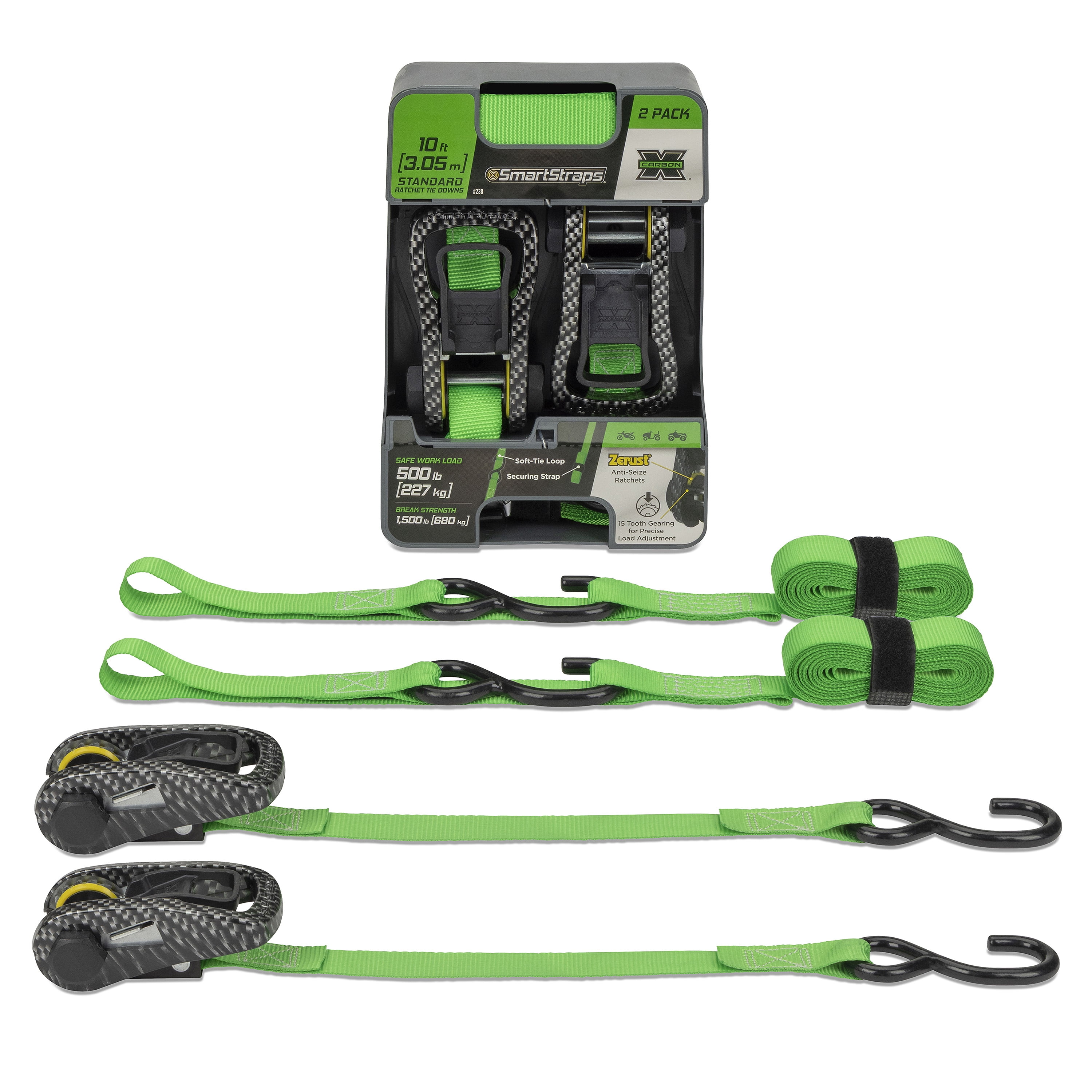 SmartStraps CarbonX Standard Duty Ratchet Tie Down Straps, 1" x 10 ft, 500 lb Safe Work Load, 1,500 lb Break Strength, Green, 2-Pack