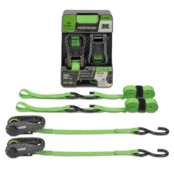SmartStraps CarbonX Standard Duty Ratchet Tie Down Straps, 1" x 10 ft, 500 lb Safe Work Load, 1,500 lb Break Strength, Green, 2-Pack